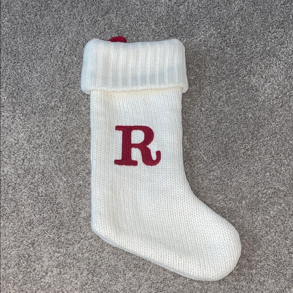 White Knit Christmas Stocking with Red R Initial